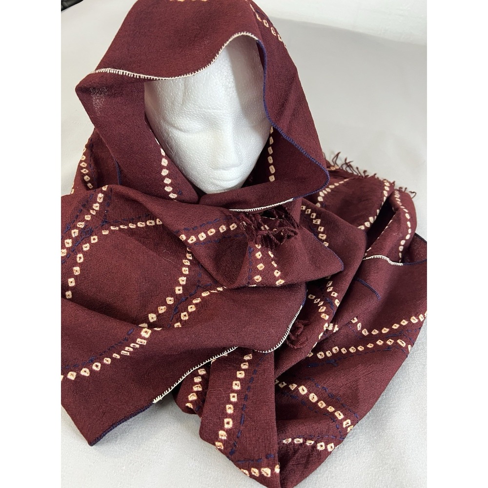 Peaceware Wrap Scarf Bandana Burgundy Cream Silk And Wool New 80"x23"